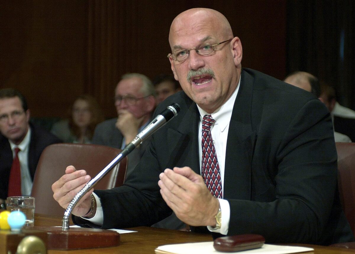 WASHINGTON, : Minnesota Governor Jesse Ventura testifies before the Senate Finance Committee during a hearing on trade policy, 05 October 2000, on Capitol Hill in Washington, DC. Ventura commended Congress for passing permanent normal trade relations with China. AFP PHOTO/Joyce NALTCHAYAN/Getty Images