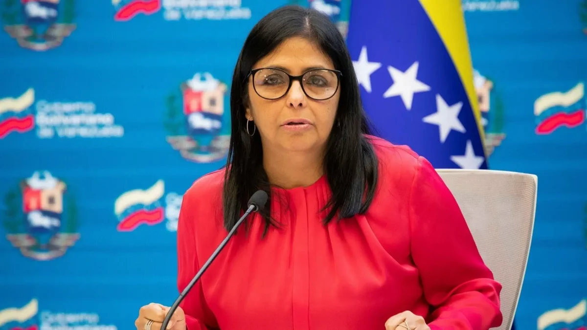 Venezuelan Vice President Delcy Rodríguez speaks in Caracas amid growing uncertainty over the country’s political future.
