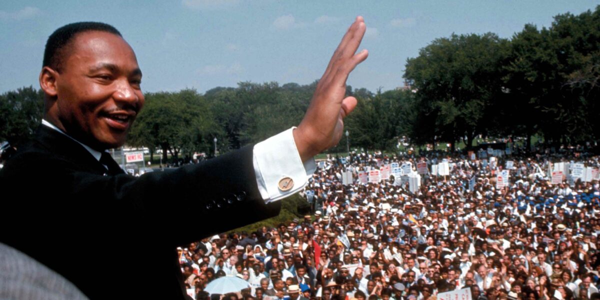 Martin Luther King addresses crowds during the March On Washington at the Lincoln Memorial, Washington DC