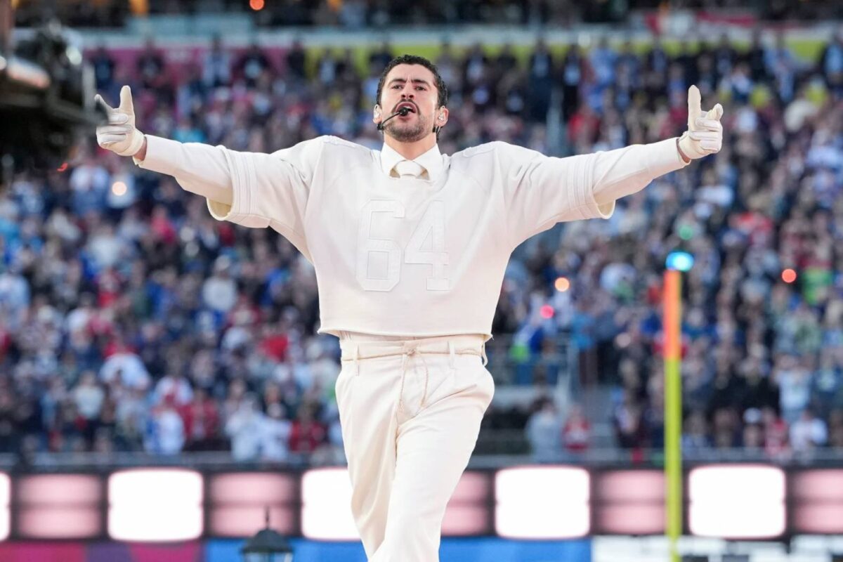 Bad Bunny during the halftime show at Super Bowl LX on Feb. 8 Todd Rosenberg/Getty Images