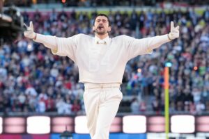 Bad Bunny during the halftime show at Super Bowl LX on Feb. 8 Todd Rosenberg/Getty Images