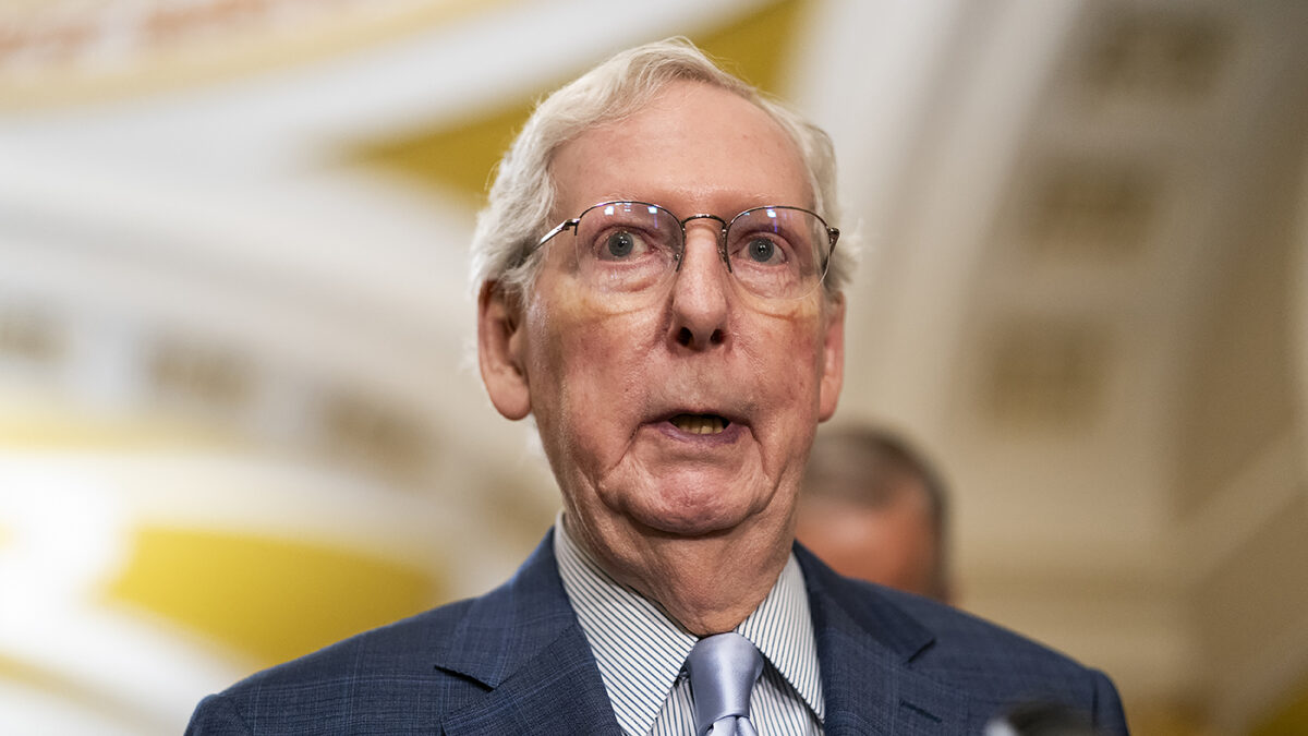 Senate Minority Leader Mitch McConnell (R-Ky.) addresses reporters after the weekly policy luncheon on Sept. 24, 2024. by: The Associated Press