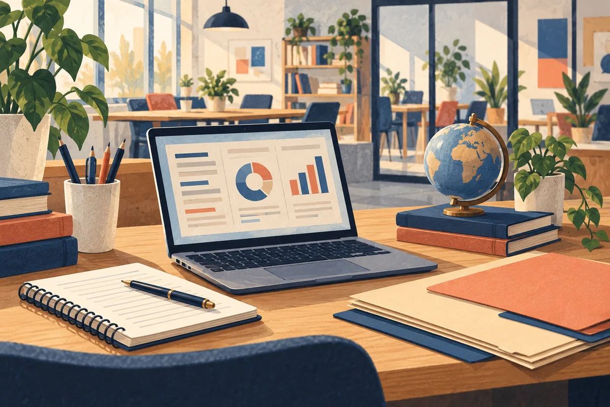 Conceptual illustration of a laptop with abstract charts, a notebook, folders and a globe in a fictional shared office