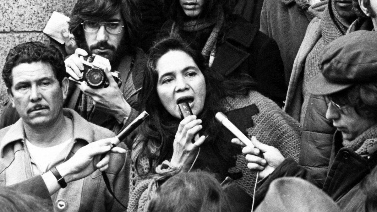 Dolores Huerta at a press conference in 1975. (Courtesy of Walter P. Reuther Library Archives of Labor and Urban Affairs Wayne State University)