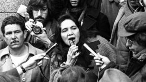 Dolores Huerta at a press conference in 1975. (Courtesy of Walter P. Reuther Library Archives of Labor and Urban Affairs Wayne State University)