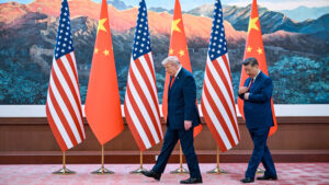 Chinese President Xi Jinping, right, and U.S. President Donald Trump meet at the Great Hall of the People in Beijing, Thursday, May 14, 2026. Kenny Holston/Pool. Photo via AP They discuss the Strait of Hormuz