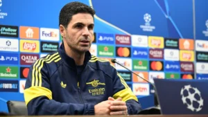Arteta speaks during UEFA Champions League press conference. Image Credit: Getty Images