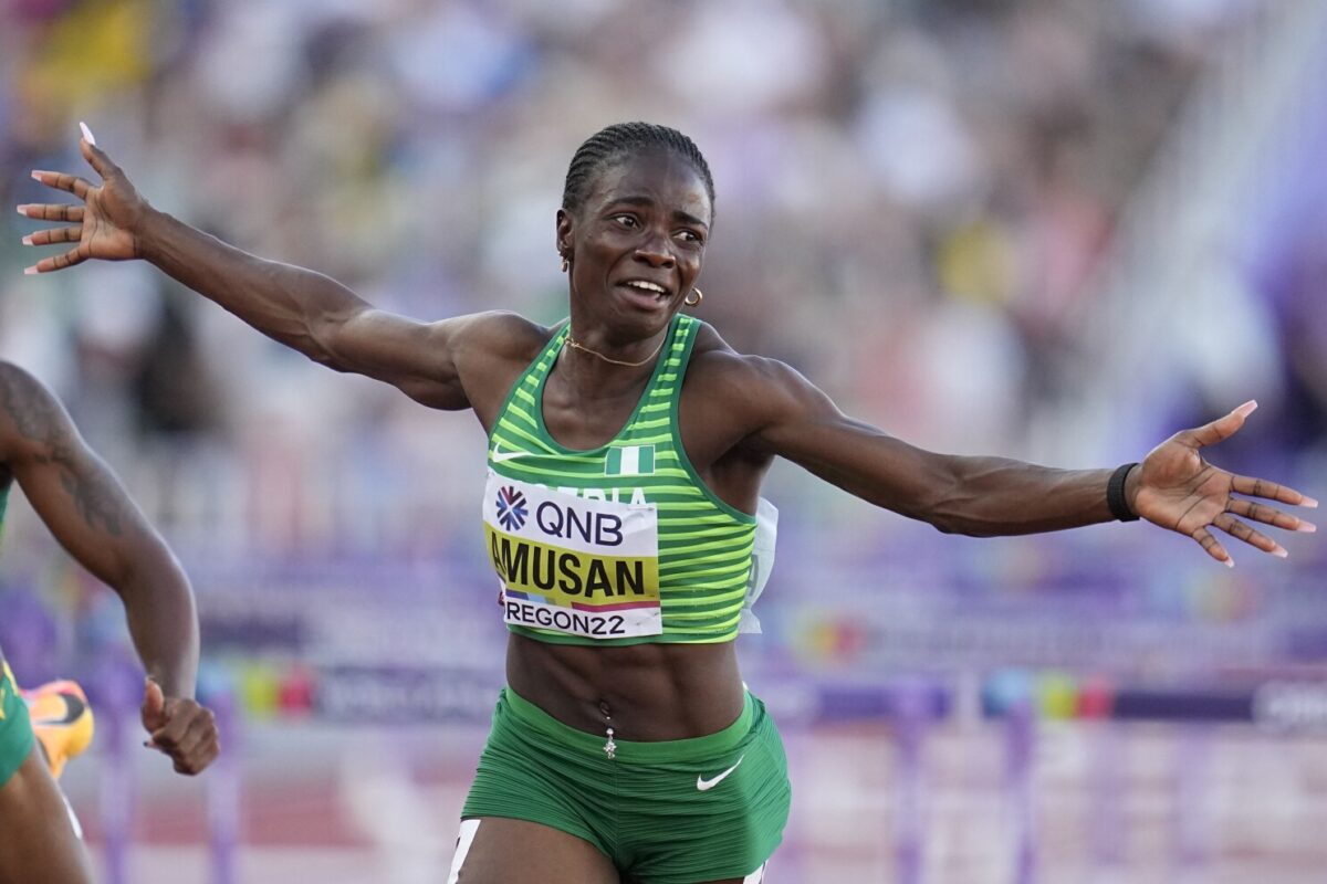 Tobi Amusan, of Nigeria, wins the women's 100-meter hurdles final at the World Athletics Championships on July 24, 2022, in Eugene, Ore. Amusan says she has been charged with a rules violation for missing three doping tests in the span of 12 months. The Nigerian posted the news on her Instagram account Tuesday, July 18, 2023, and said she would fight the charges. Image Credit: AP Photo/Ashley Landis