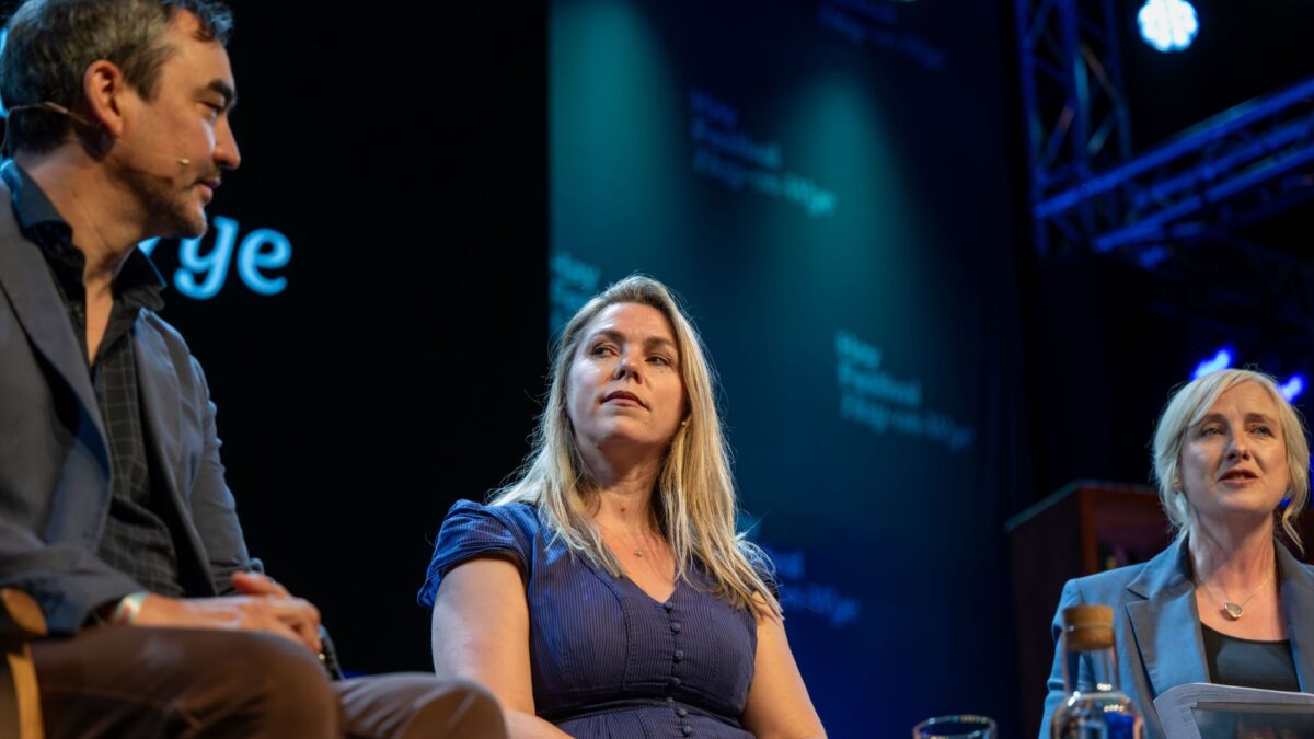 Tim Wu and Sarah Wynn-Williams on the Hay Festival panel with Carole Cadwalladr (credit Sam Hardwick and Hay Festival)