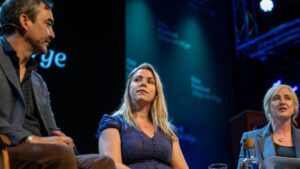 Tim Wu and Sarah Wynn-Williams on the Hay Festival panel with Carole Cadwalladr (credit Sam Hardwick and Hay Festival)