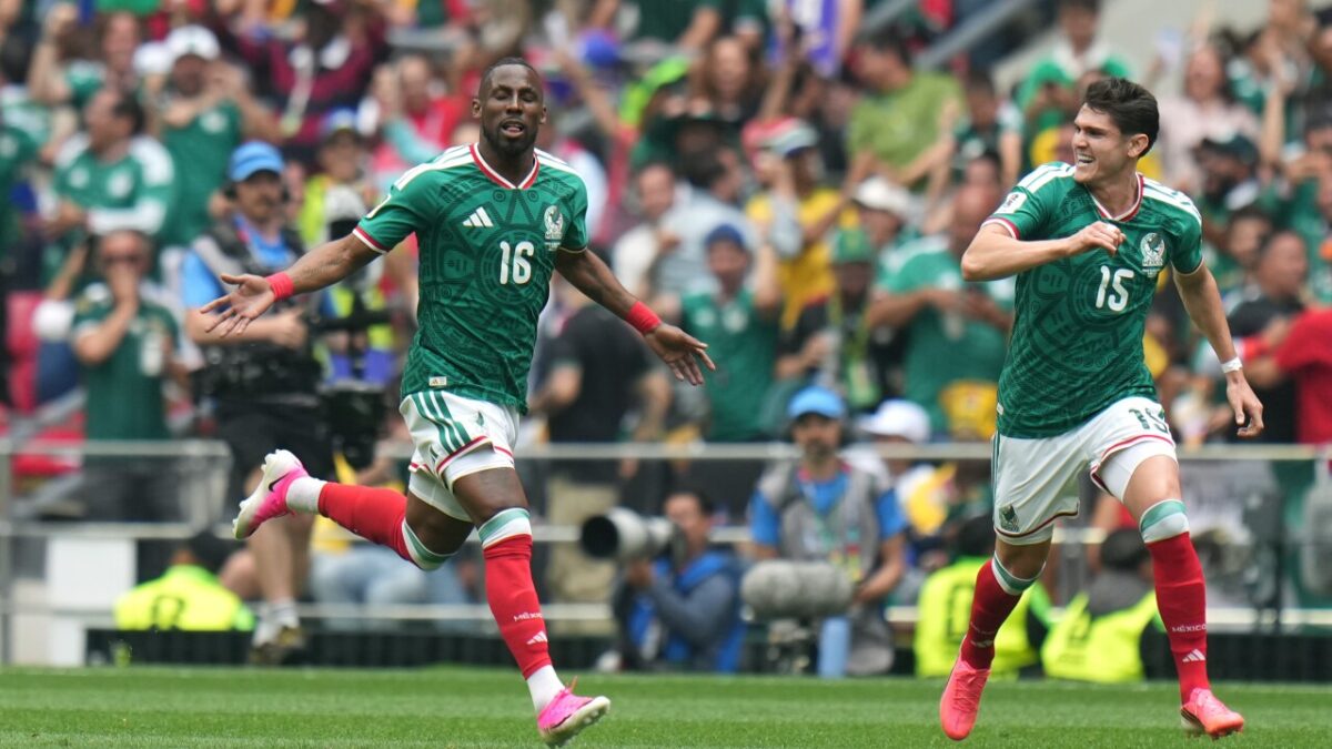 Mexico Julian Quinones (16) celebrates with Israel Reyes after scoring their opening goal against South Africa during the World Cup Group A soccer match between Mexico and South Africa in Mexico City, Thursday, June 11, 2026 Photo by: Eduardo Verdugo/AP Photo