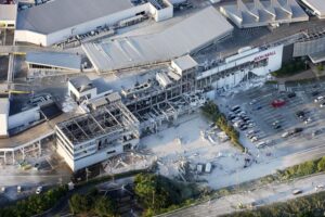 An aerial view shows the damaged Aeon Mall shopping centre after an explosion which occured after an earthquake with a preliminary magnitude of 7.1 struck Japan southern Kumamoto prefecture, on Tuesday. Kyodo/Reuters