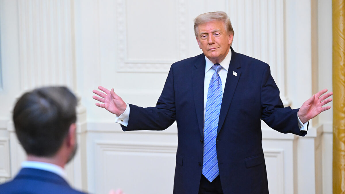 President Trump gestures after speaking in the East Room of the White House, Thursday, July 16, 2026, in Washington, D.C