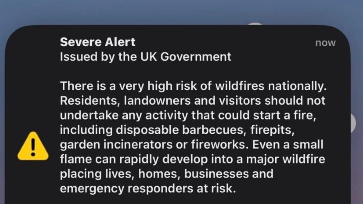 UK Government sends emergency wildfire alert as fires destroy homes. Credit: ITV News