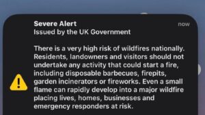 UK Government sends emergency wildfire alert as fires destroy homes. Credit: ITV News