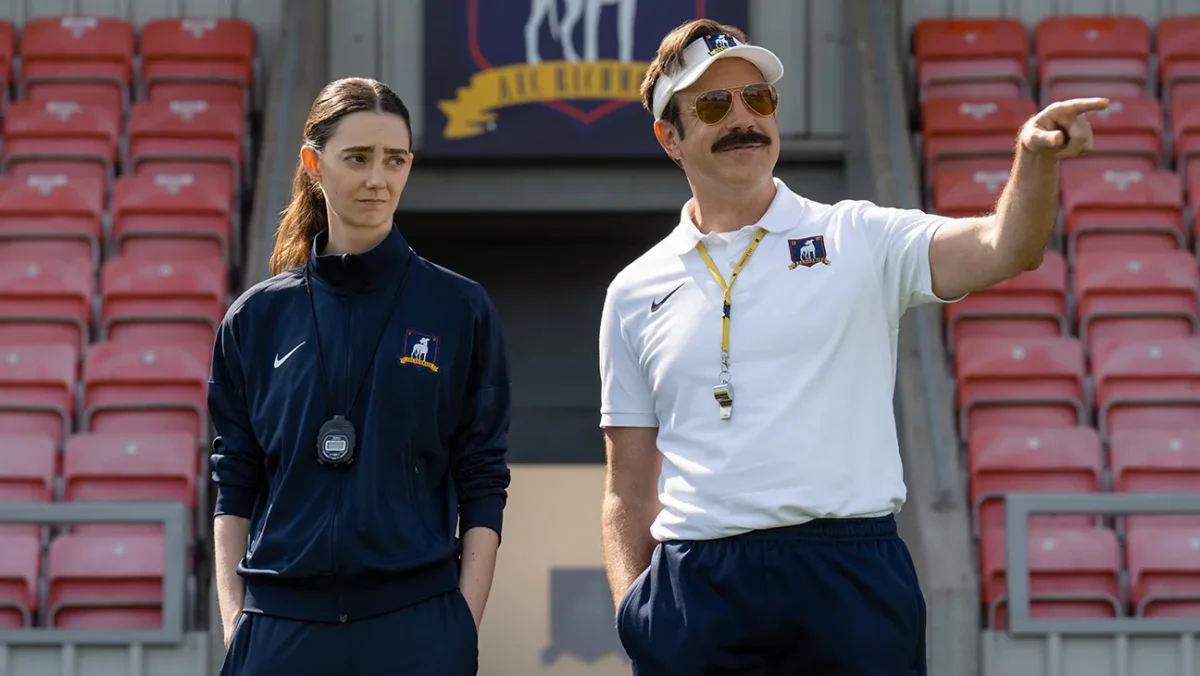 Jason Sudeikis (right) with Tanya Reynolds in 'Ted Lasso' season four. Apple TV
