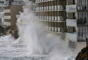Waves from Hurricane Marie crash into a seawall at the Surf and Sand Hotel in Laguna Beach earlier this month. (Don Leach / Daily Pilot)