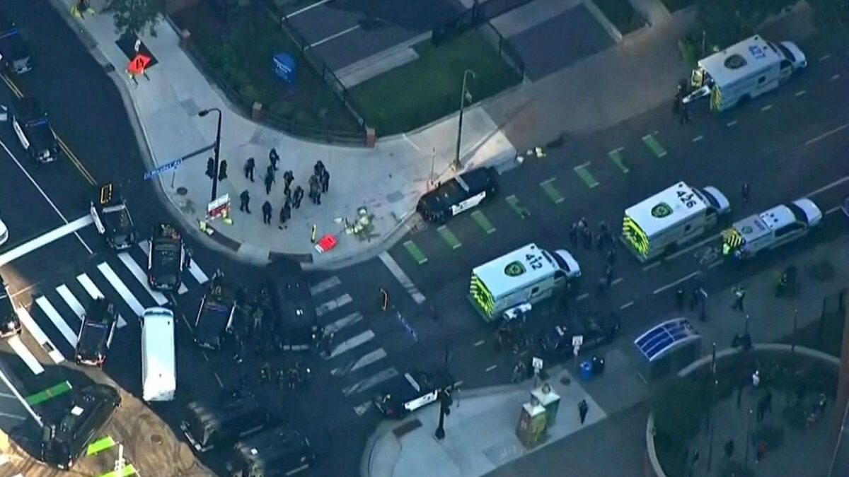 A large police presence at the scene of the Minneapolis shooting. Pic: KSTP via Reuters