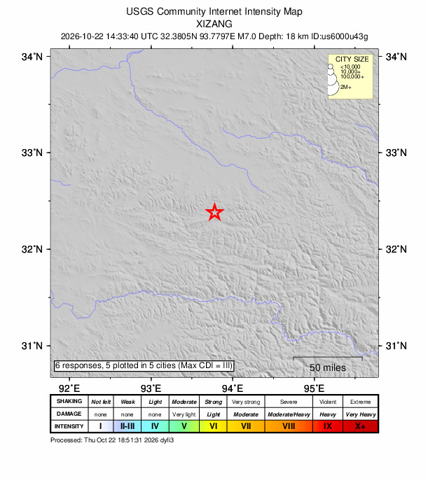 USGS intensity map showing reported shaking levels from the M7.0 earthquake near Nagqu, Tibet