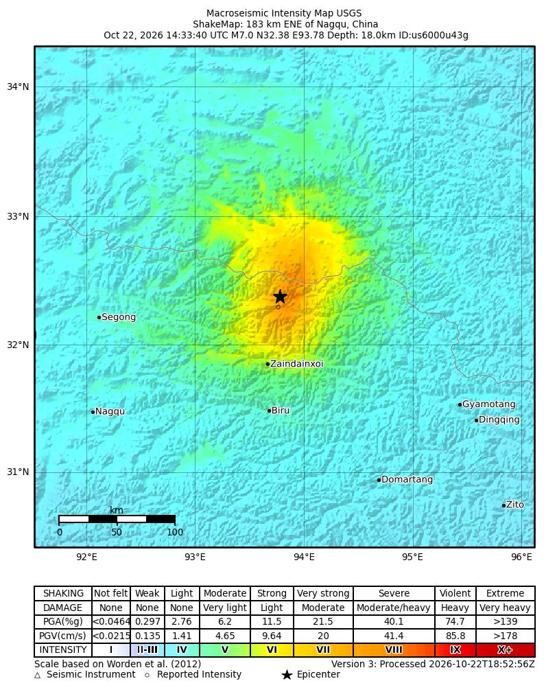 USGS ShakeMap showing modelled ground shaking around the 22 October 2026 M7.0 earthquake near Nagqu, Tibet