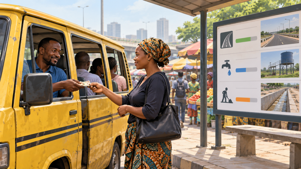 Illustration of a Nigerian commuter and public dashboard representing the proposed transport fare programme