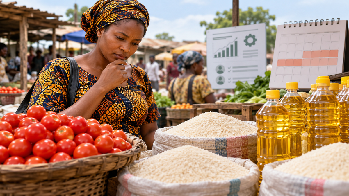 Illustration of a Nigerian market shopper comparing food prices beside a 90-day policy calendar