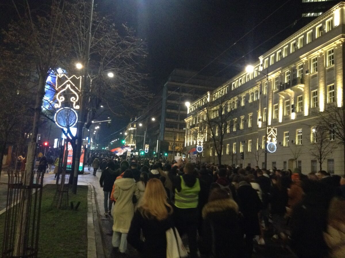 Student and citizen protesters march through Belgrade on January 24, 2025; archival image, not from the October 2026 campaign rally.