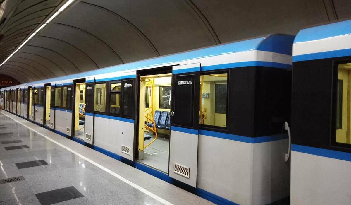 Archival Kyiv metro train at a station platform
