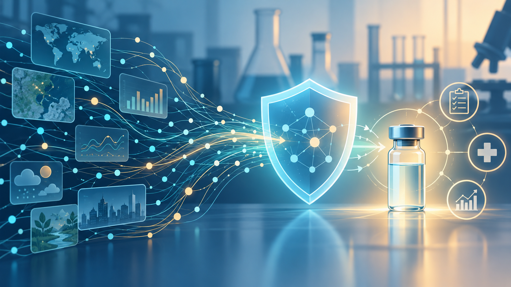 Conceptual data network, protective shield and vaccine icon representing early warning and response; not an official diagram.