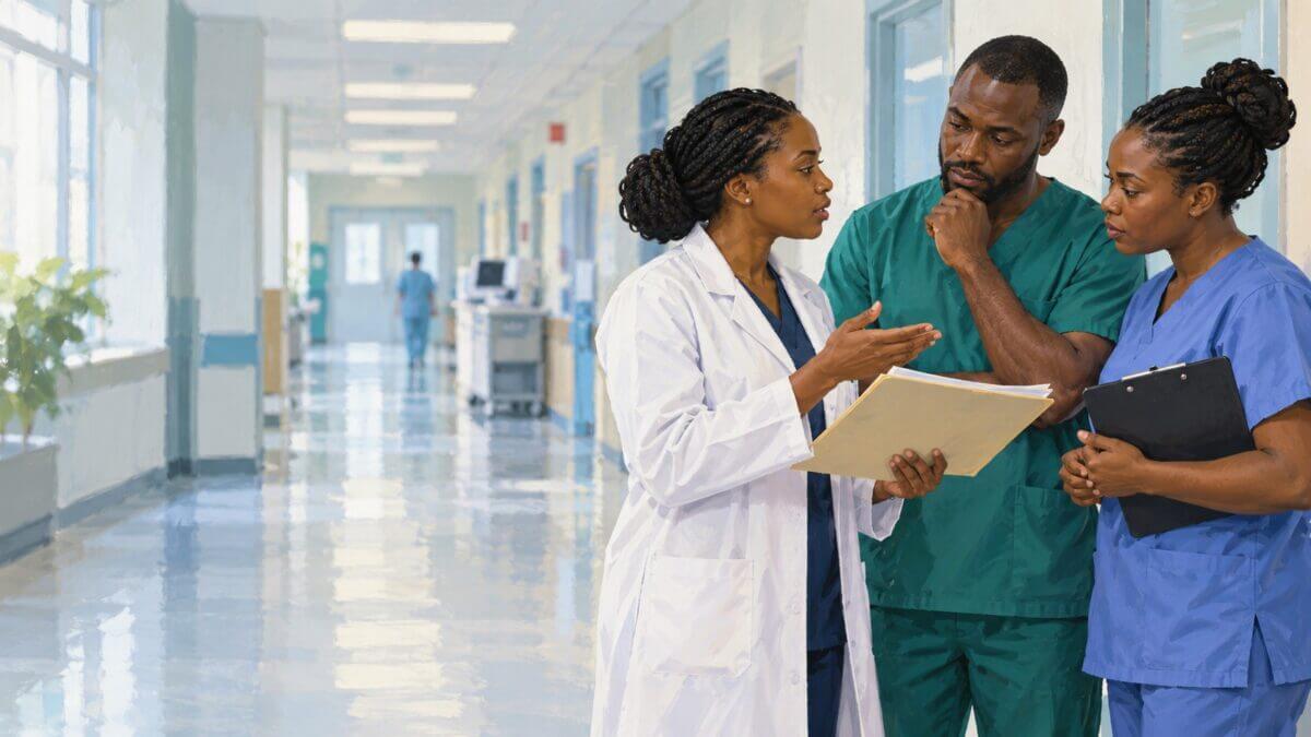 Illustration of allied health workers discussing documents in a hospital corridor