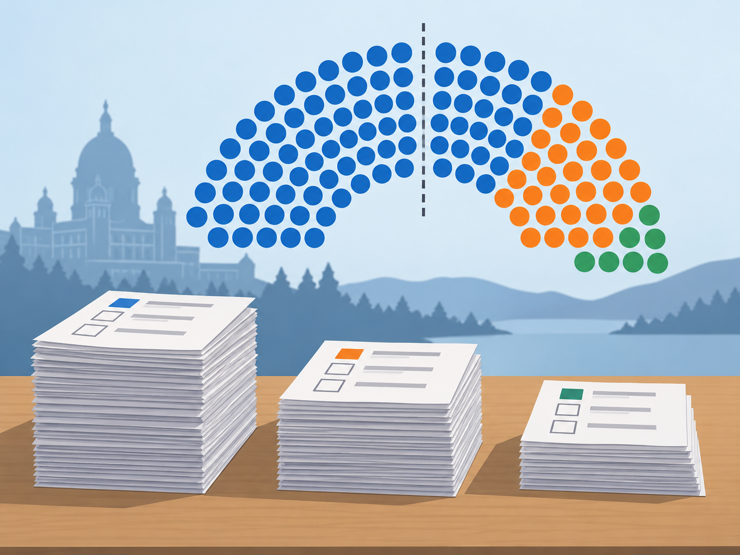 Editorial illustration of ballot piles and a stylized 93-seat assembly chart with no official data labels