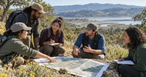 Environmental professionals planning a conservation project around a field map