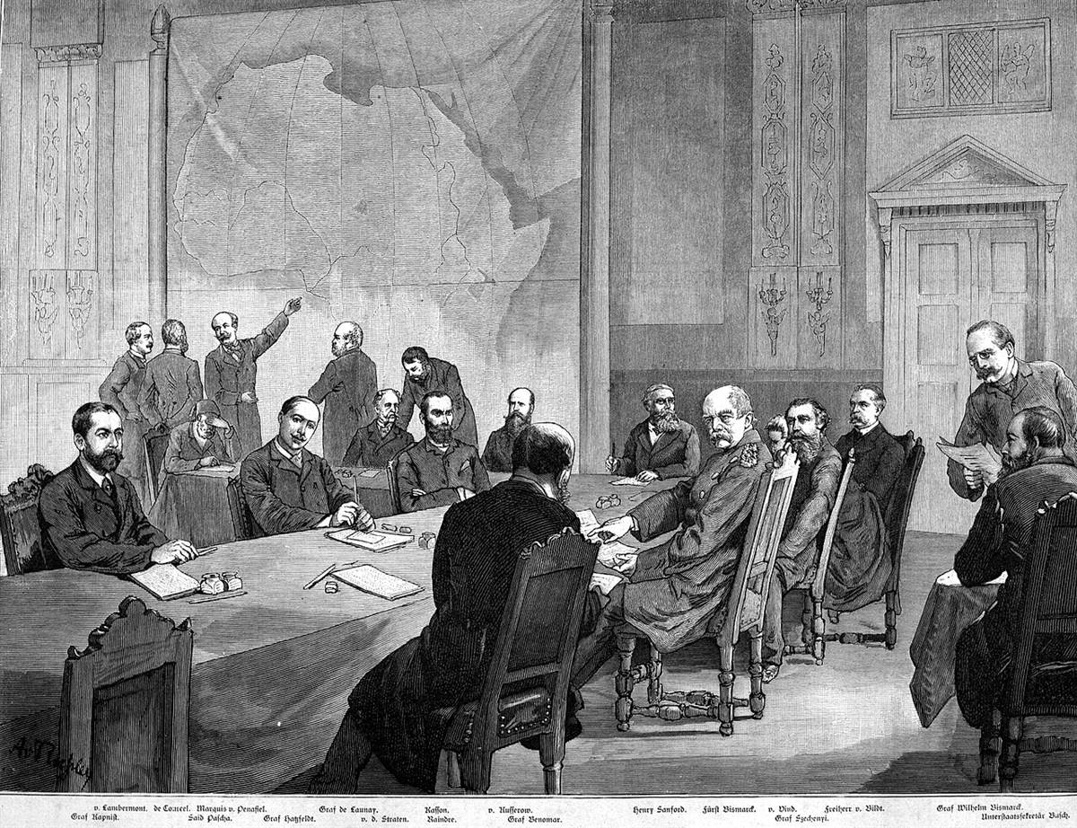 Historical drawing of Berlin Conference delegates seated at a table beneath a map of Africa