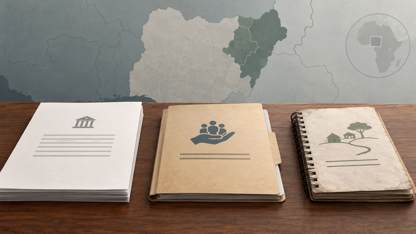 Conceptual illustration of a public statement, rights-group report and community notebook; it does not show real documents or the Binnari attack.