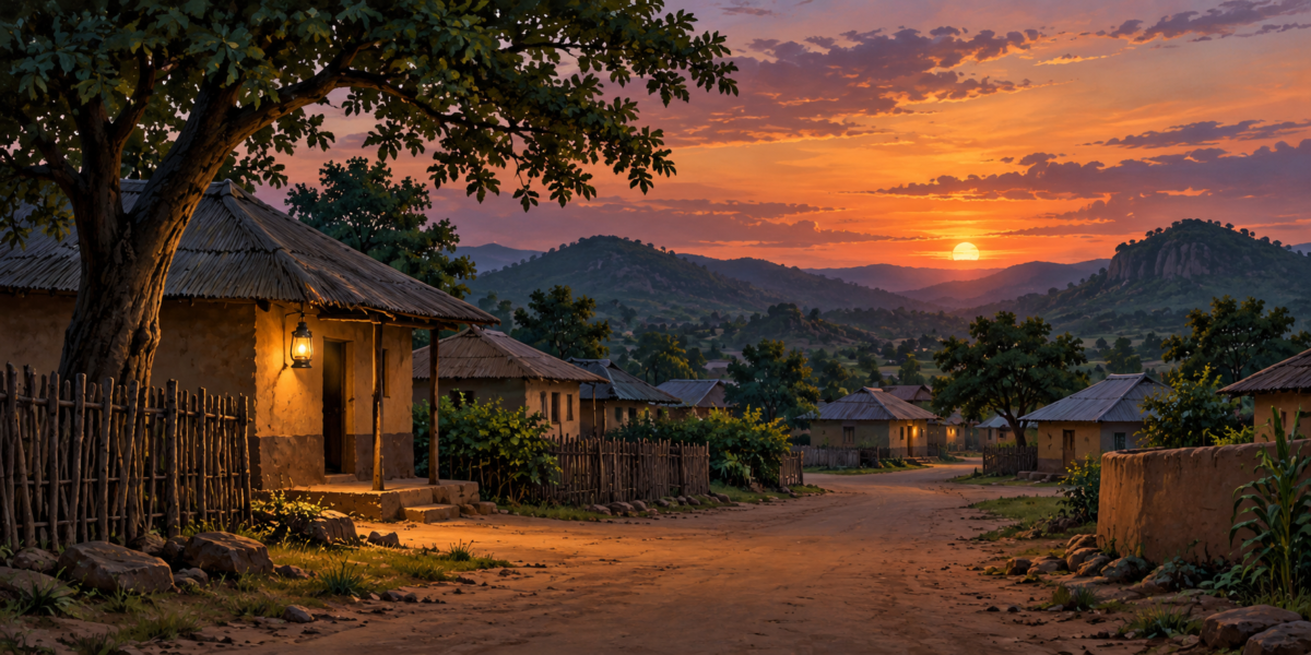 Illustration of an empty West African village lane at dusk; not the Binnari attack site.