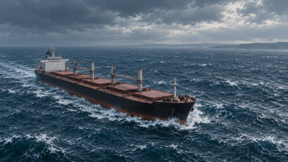 Illustrative view of a generic cargo ship in rough Black Sea waters; not the Khoryv or the reported incident