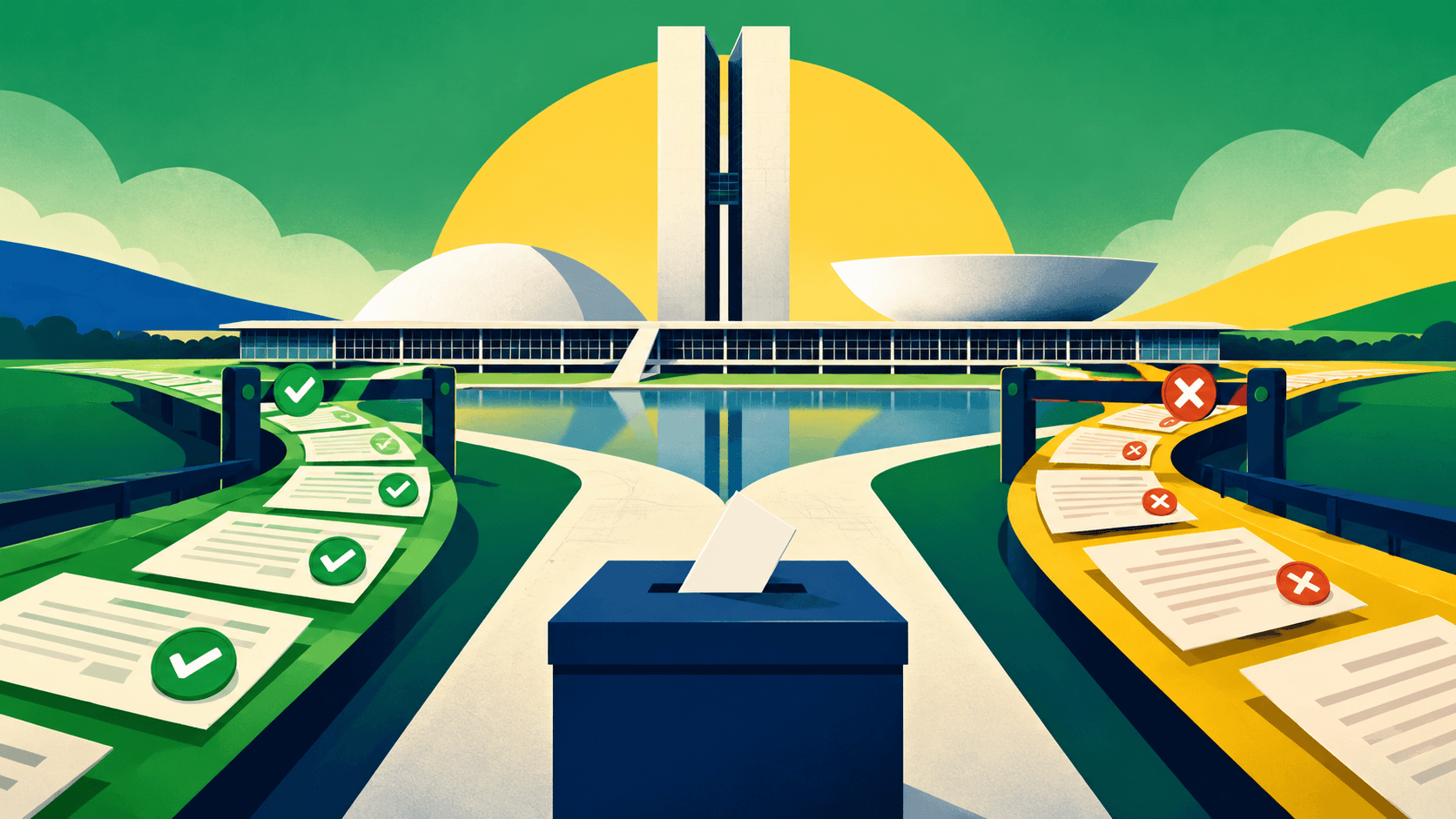 Illustration of a ballot box beside a simplified Congress building; conceptual graphic, not an official result or real institution image.