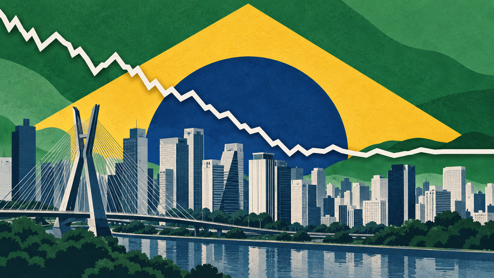 Illustration of a falling market line over Sao Paulo buildings and Brazil’s flag colours