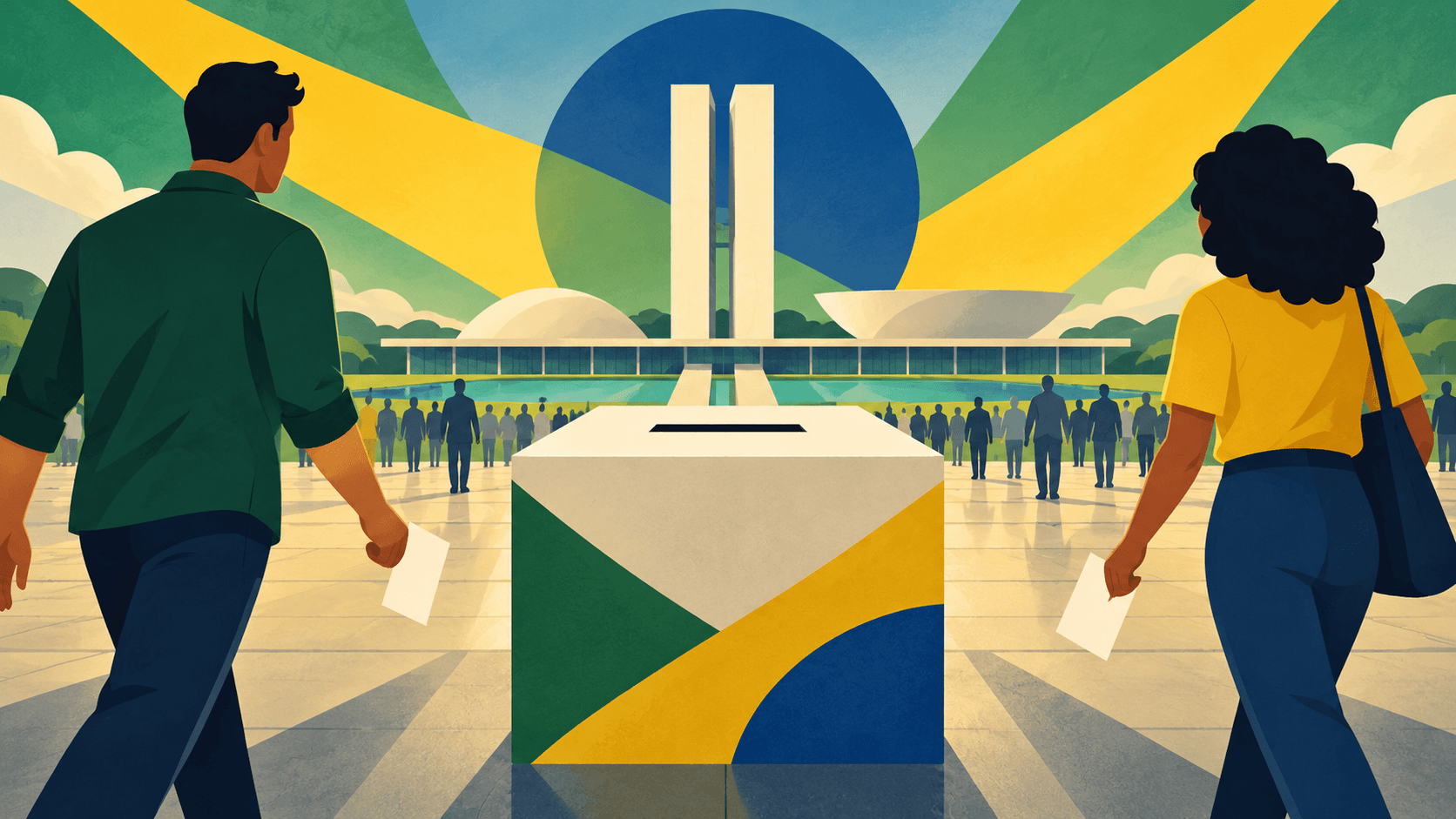 Illustration of voters approaching a ballot box for Brazil’s 2026 runoff; not a real polling place or candidate.