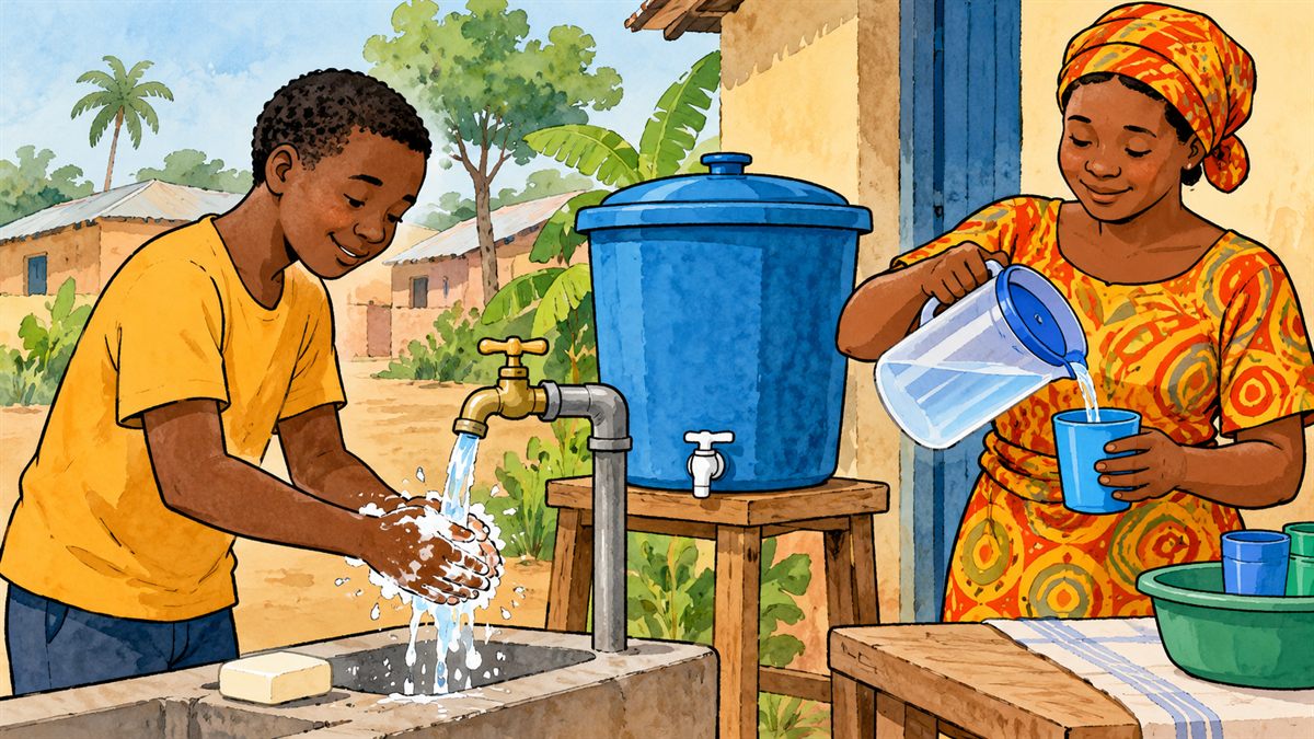 Illustration: a person washes hands with soap beside a covered safe-water container, while another pours drinking water into a cup.
