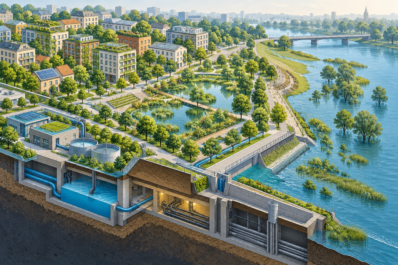Conceptual illustration of a city using trees, floodable river space and protected water and energy systems to prepare for climate hazards