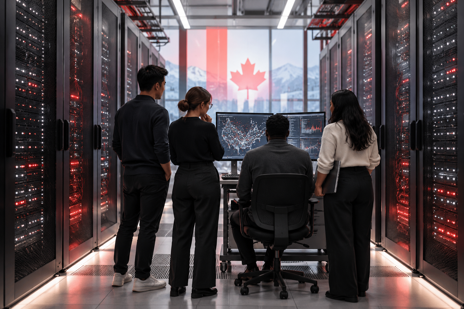 Illustration of engineers working beside secure AI server racks in Canada