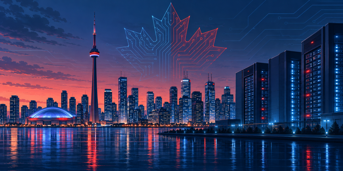 Illustration of a Toronto technology skyline and Canadian AI computing infrastructure