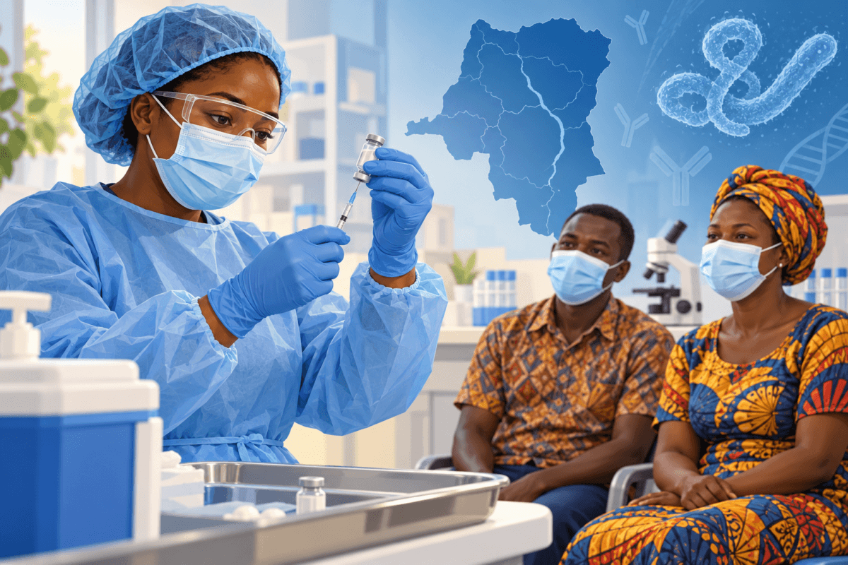 Illustration of a health worker preparing a vaccine for volunteers in a clinic, with a DRC map; not a photograph of the real trial.