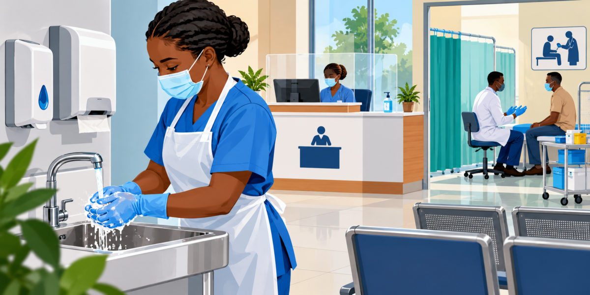 Illustration of a clinician washing hands in a Nigerian clinic as part of infection prevention