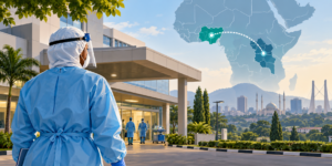 Illustration of a Nigerian hospital and health worker representing the Ebola response