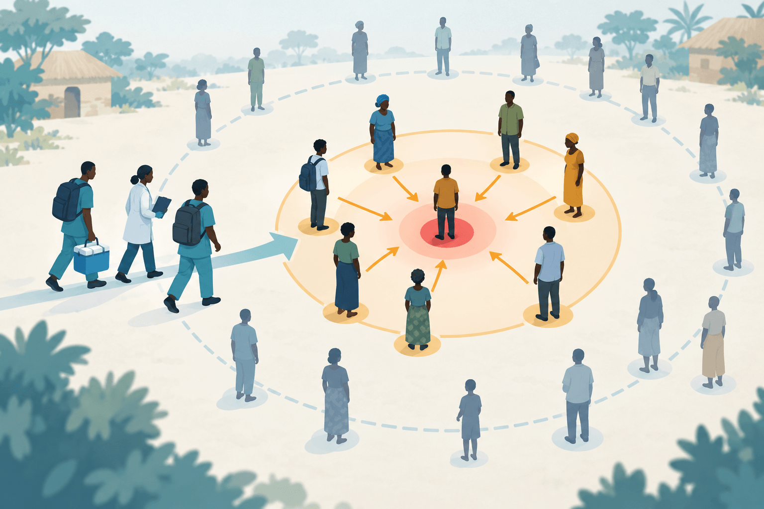 Illustration of a health team reaching close contacts around a central case, with a wider community ring; not study data.