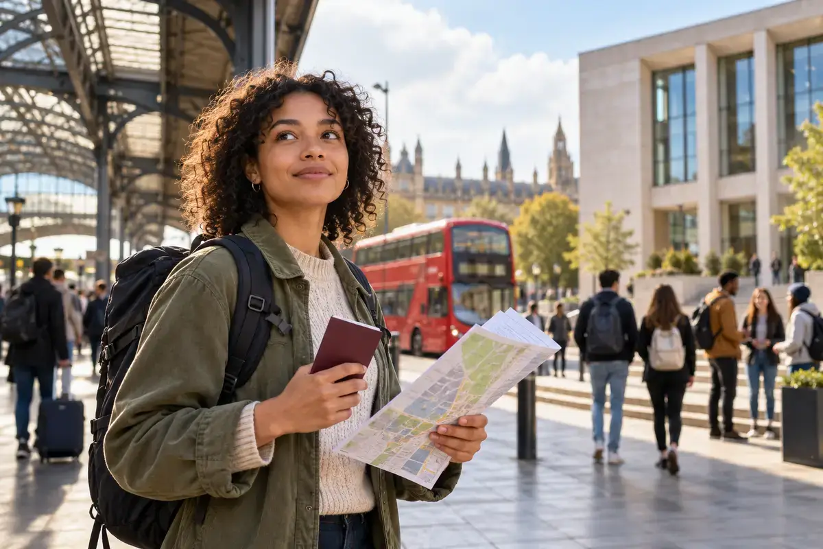An international student holding a passport and map at a London station before a study exchange.