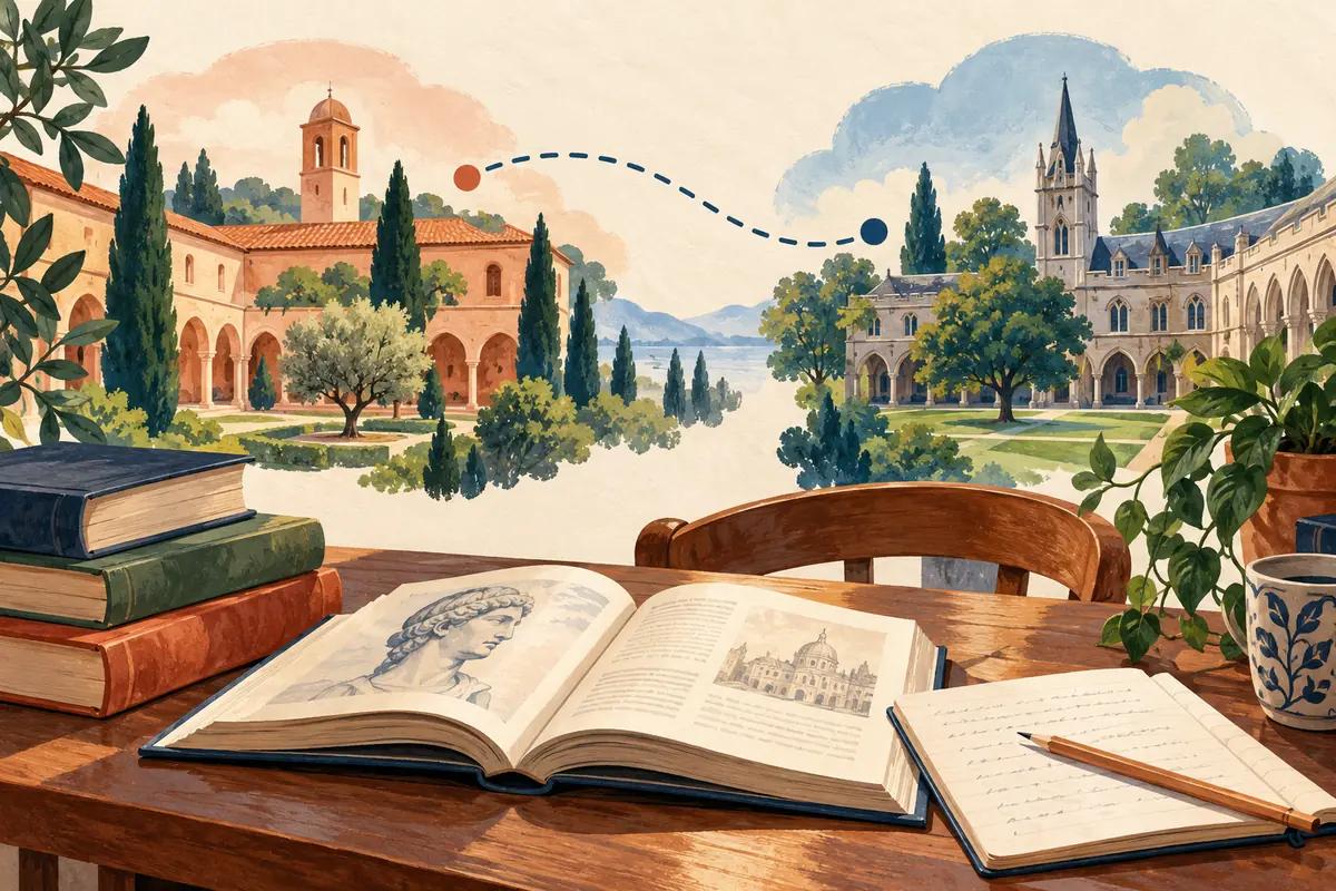 Illustration of books and a notebook beneath two fictional university courtyards joined by a travel line