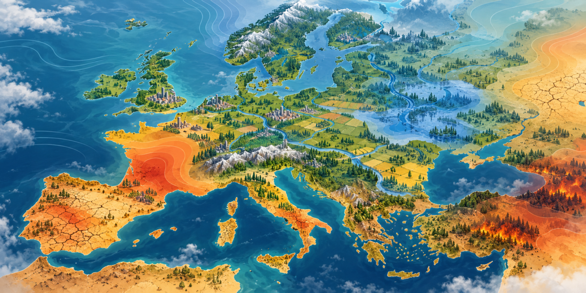 Conceptual illustrated map-like view of Europe showing abstract heat, drought, flood and wildfire risk overlays; not a scientific map or forecast
